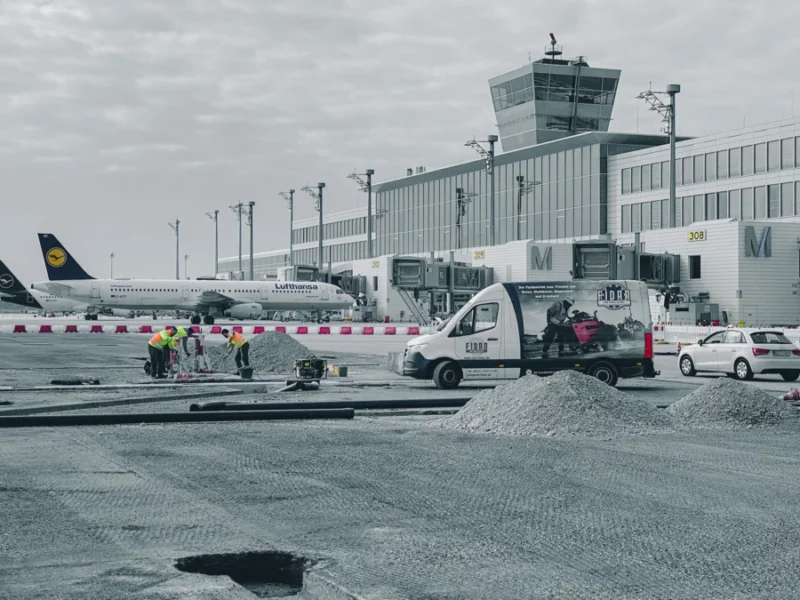 SSB Fidan Transporter und mehrere arbeitende Mitarbeiter auf dem Flughafengelände in München